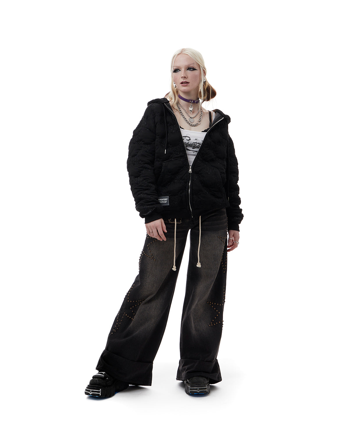 QUILTED ZIP UP HOODIE_BLK